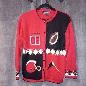 Vintage Terazzo Red & Black Football Sweater Size Large EUC P2P 22 Length 24